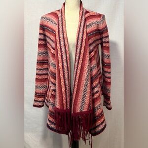 VELVET BRAND Red and Pink Striped Cardigan with Fringe, Size M, Bohemian look.